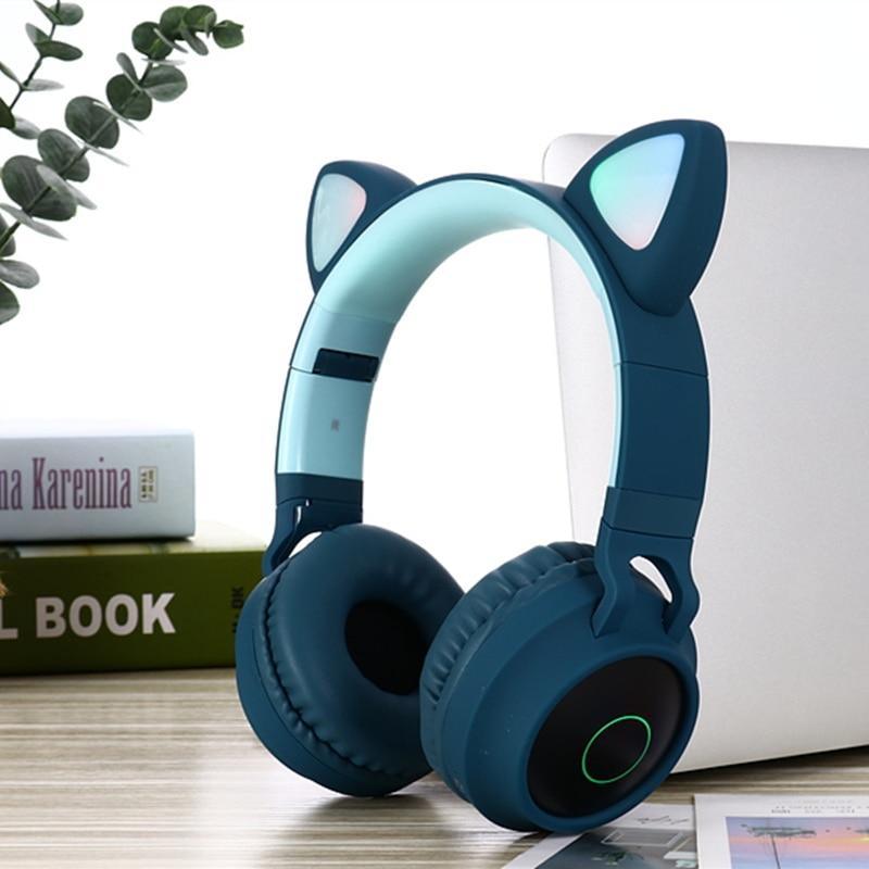 STEVVEX New Luxury Interesting LED Cat Ear Noise Cancelling Headphones Bluetooth 5.0  For Young People and  Kids Headset Support TF Card 3.5mm Plug With Mic