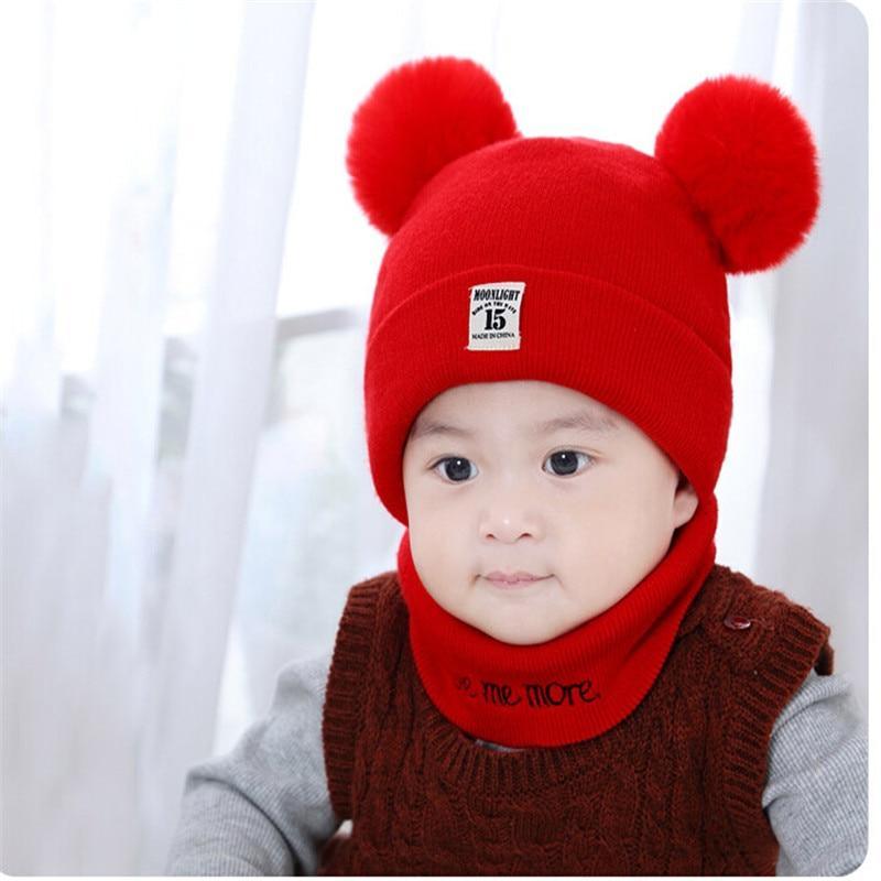 2 Pieces Baby Beanies Cap and Scarf Set Baby Kid Solid Color Plush Ball Baby Girls Hat And Scarf Set For Boys and Girls Kids In Modern Design