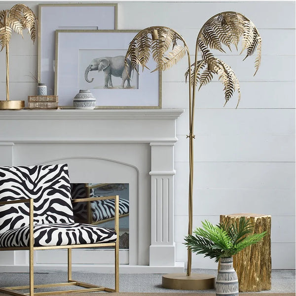 180cm Metal Palm Tree Floor Lamp with Golden Finish / 3 Light Gold Tropical Tree