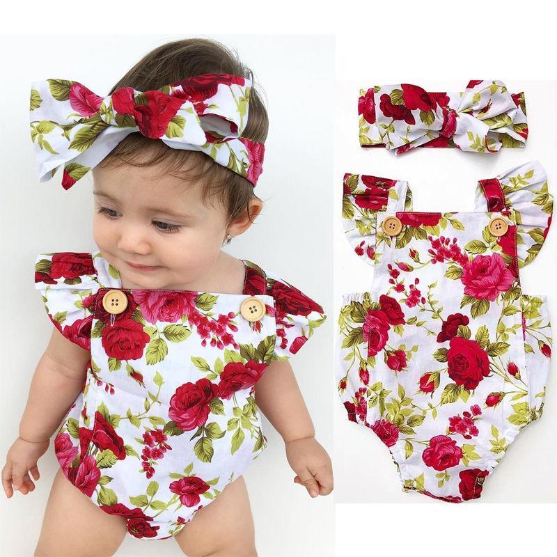 Luxury Modern Cute Floral Romper Baby Girls Clothes Jumpsuit Romper Headband Toddler Dress With Bow For Girls