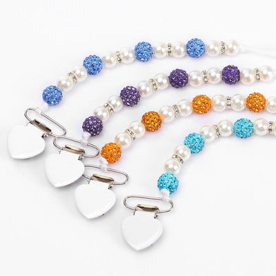 Handmade Shiny Pacifier Clip Chain Infant Nipple Holder Wooden Beaded Crystal Nipple Leash Strap Metal Pacifier Clips For Baby