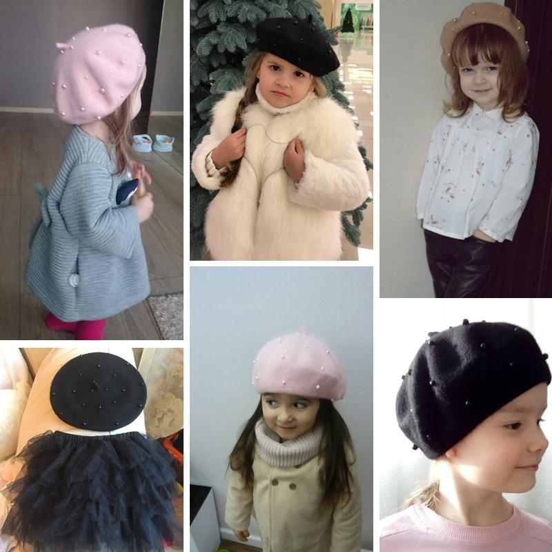 Modern Art Wool Baby Hat with Pearls Cat Candy Color Retro Baby Girl Cap Kids Beret Hats for Girls