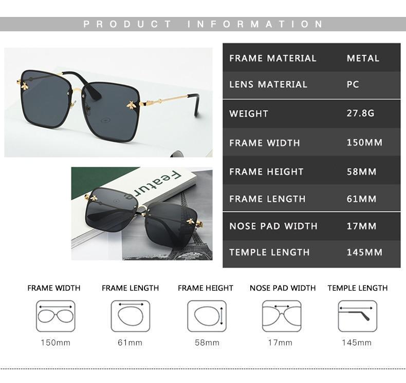 New Fashion Lady Oversize Rimless Square Bee Sunglasses For Women  With Small Bee Glasses Design Gradient Sunglasses With UV400