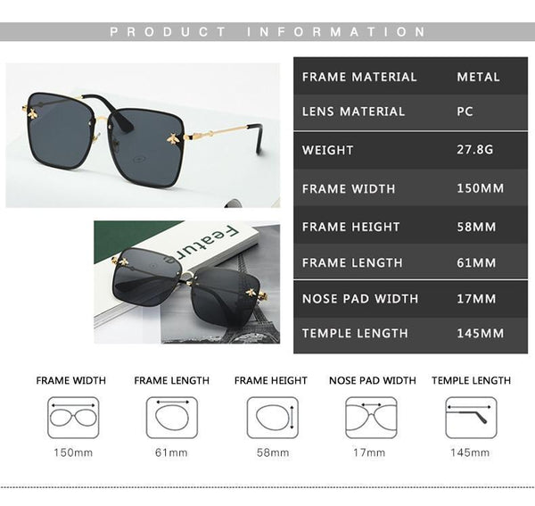 New Fashion Lady Oversize Rimless Square Bee Sunglasses For Women  With Small Bee Glasses Design Gradient Sunglasses With UV400