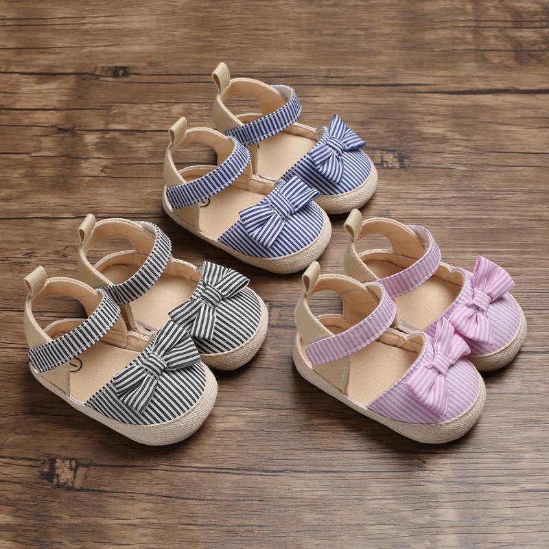 Newborn Infant Baby Summer Shoes Soft Crib Shoes Infants Anti-slip  Striped Bowknot Pre Walker Sandals