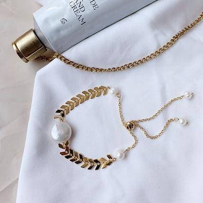 New Handmade Imitation Pearls Gold Metal Link Chain Bracelets for Women Girl Summer Party Luxury Jewelry Gift
