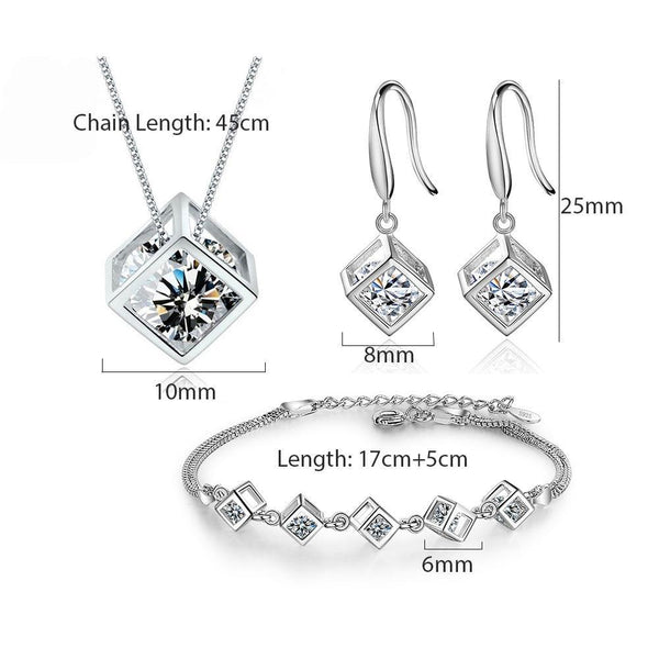 New Style Stamp Silver Color Jewelry Luxury Sets Zircon Elegant Square Cube Necklace Earrings Bracelet For Women