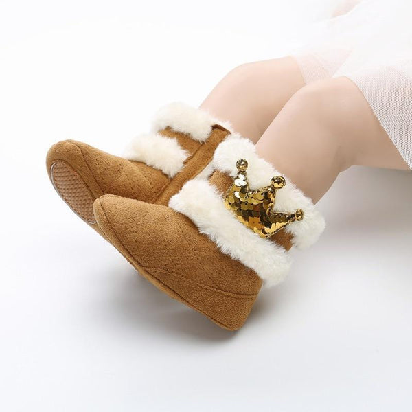 Newborn Infant Baby Girls Winter Warm Crown Fur Mid-Calf Length Slip-On Furry Boots 0-18M