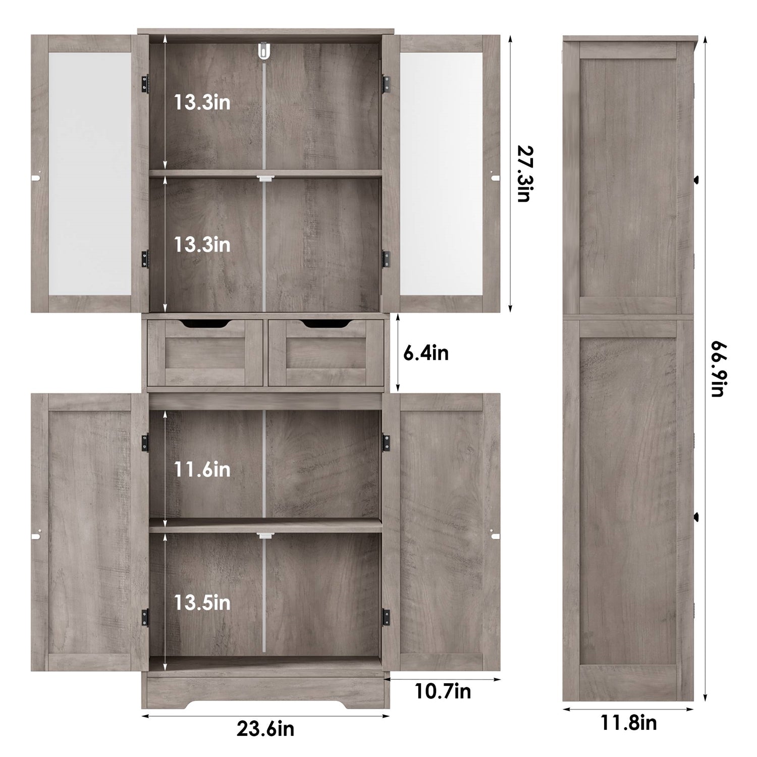 Farmhouse Bathroom Linen Cabinet with Storage Drawers in Grey Taupe Wood Finish