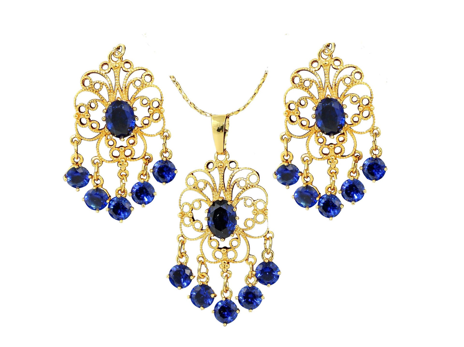Chandelier design 24K gold plated jewelry set with beautiful zircons - Peacock Blue
