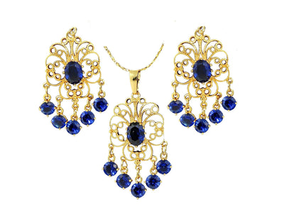 Chandelier design 24K gold plated jewelry set with beautiful zircons - Peacock Blue