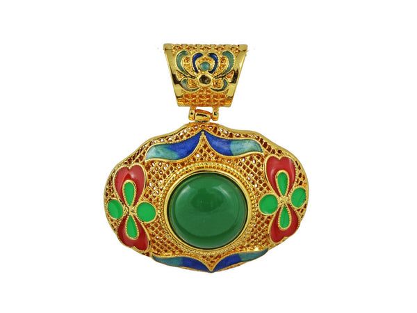 Leaf shaped gold pendant with green and red enamel work