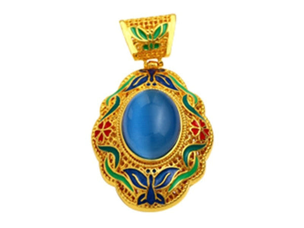 Light blue stone enamel work pendant on 24K gold color