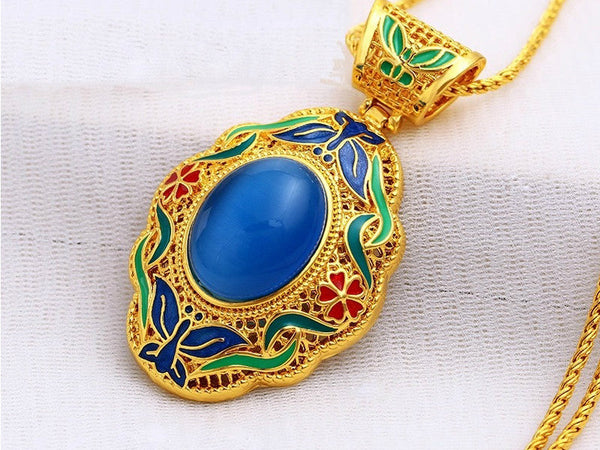 Light blue stone enamel work pendant on 24K gold color