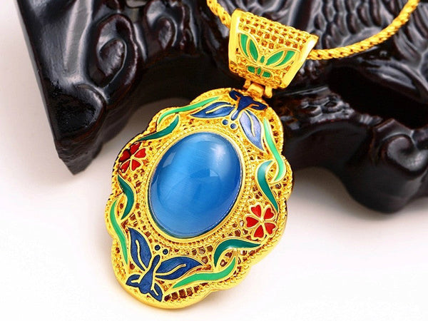Light blue stone enamel work pendant on 24K gold color