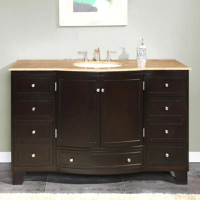 55 in. W x 22 in. D Vanity in Dark Espresso with Stone Vanity Top in Travertine with White Basin