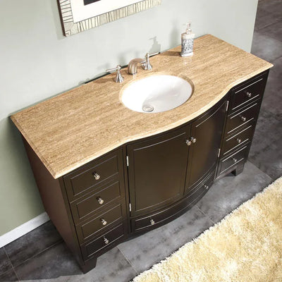 55 in. W x 22 in. D Vanity in Dark Espresso with Stone Vanity Top in Travertine with White Basin