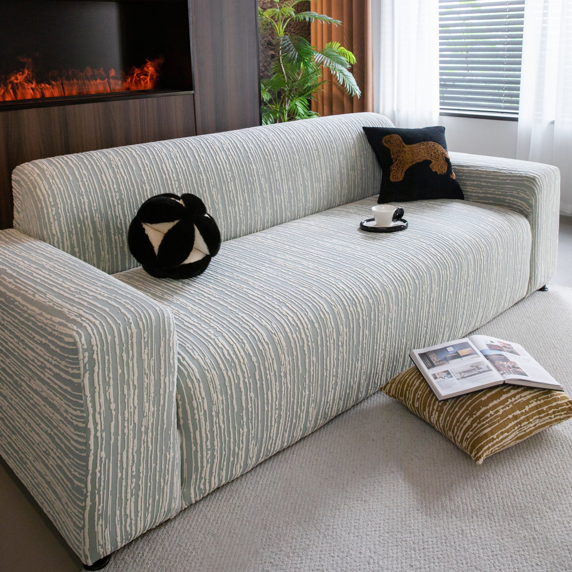 High Stretch Couch Slipcover with Abstract Stripe, Washable Non-Slip Cover for Dogs