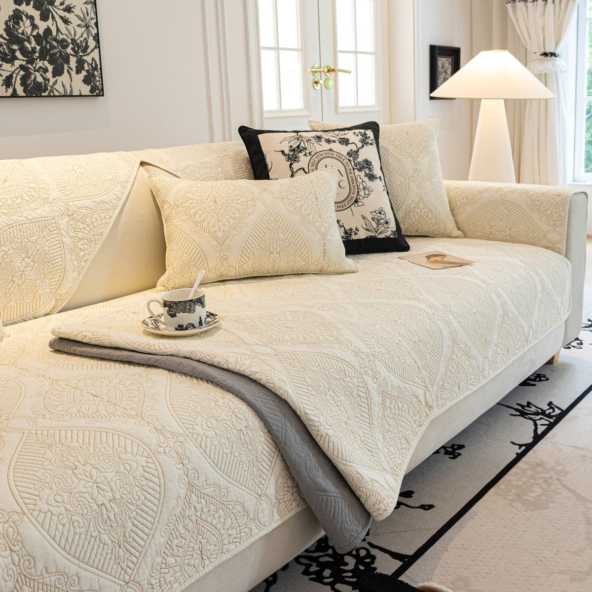 Baroque Sofa Cover – Quilted Cotton, Non-Slip, Washable with Ornate Embroidery