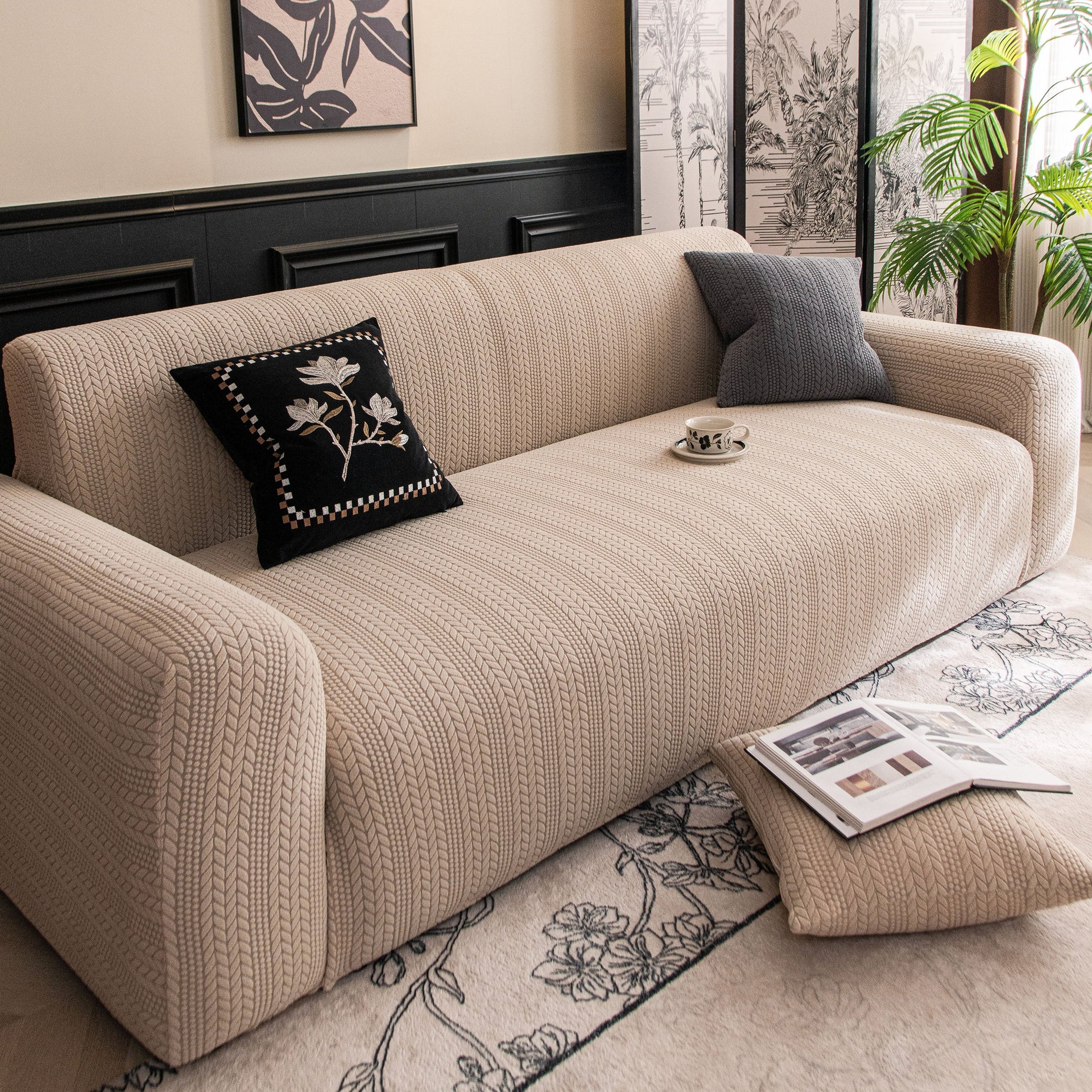 High Stretch Wheat Ear Embossed Textured Couch Slipcover, Water Repellent Sofa Cover