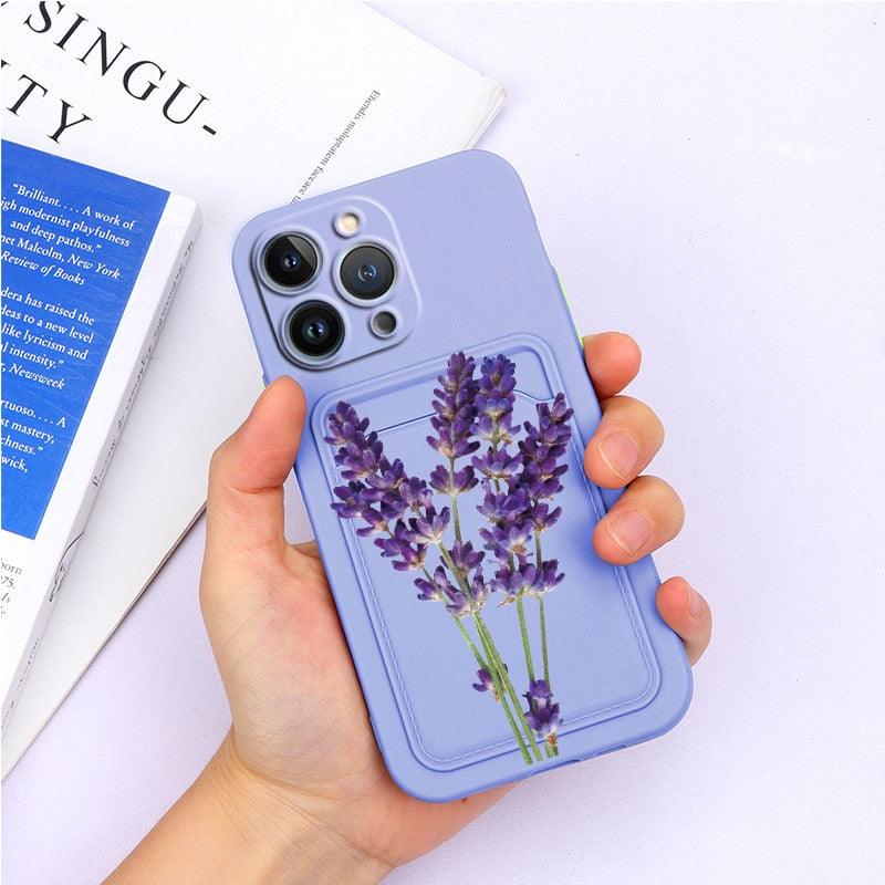 Charming Silicone Soft Anti-Scratch Cases For iPhone 13 Pro Max Case Silicone Wallet Card Holder Cover For iPhone 13 Mini 13ProMax 13Pro Flower Butterfly Beautiful Design Card Holder iPhone Case