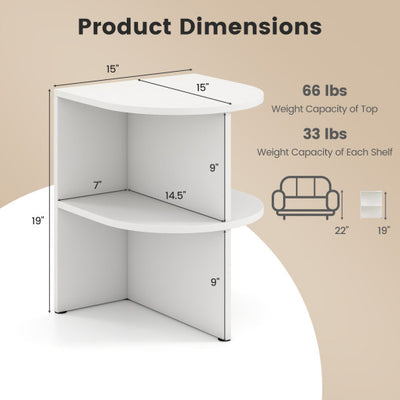 Half Round End Table with Open Shelves for Small Space-White