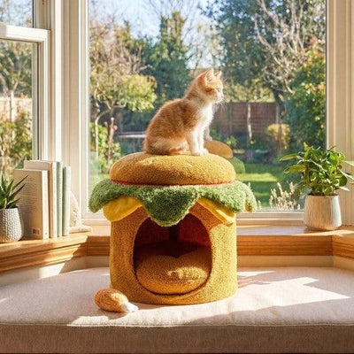 Hamburger Cat Nest with Chicken Drumstick Toy and Removable Cushion for Indoor Cats-Yellow