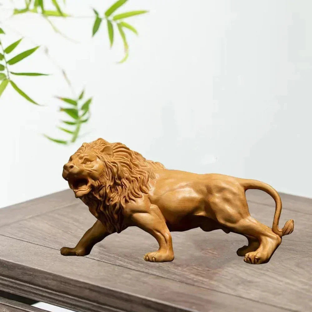 Hand Carved Wooden Lion Sculpture Decorative Figurine