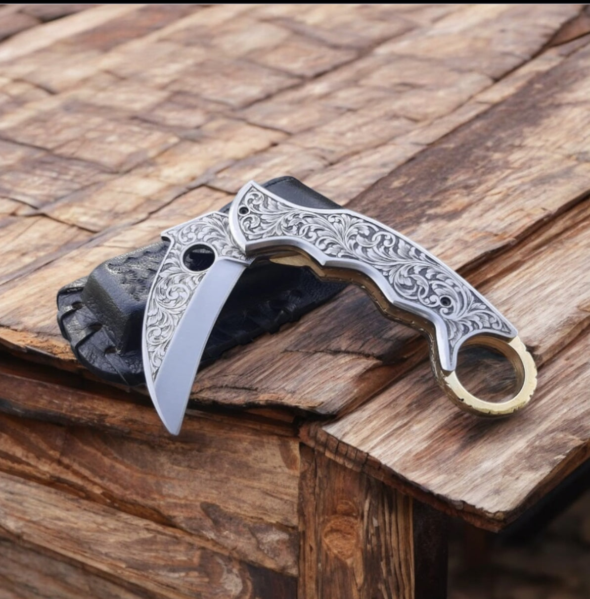 Hand-Engraved J2 Steel Folding Knife with Leather Case - 7.5