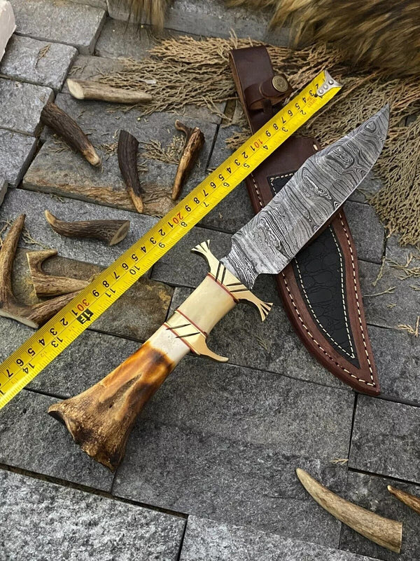 Custom Handmade Damascus Steel Bowie Knife – 13-Inch Blade with Bone and Brass Guard Handle, Includes Leather Sheath