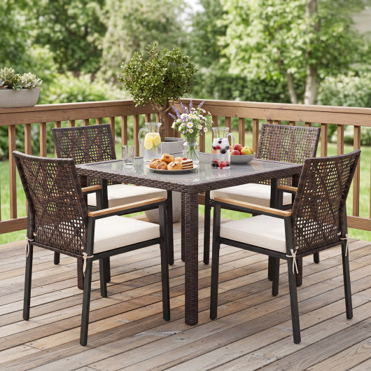 Hand-Woven PE Patio Dining Chairs Set of 4 with Acacia Wood Armrests for Yard-Beige