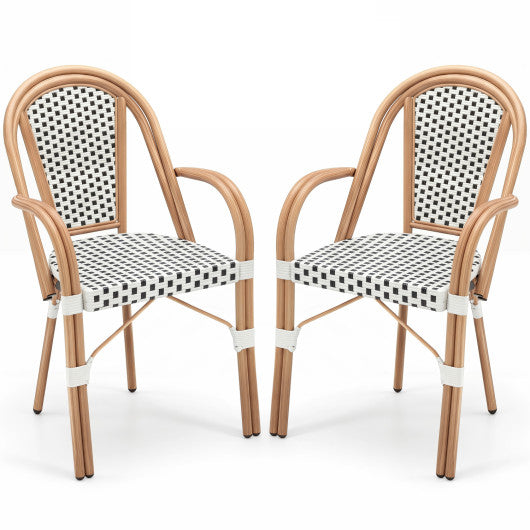 Hand-Woven PE Wicker Outdoor French Bistro Chairs Set of 2-White