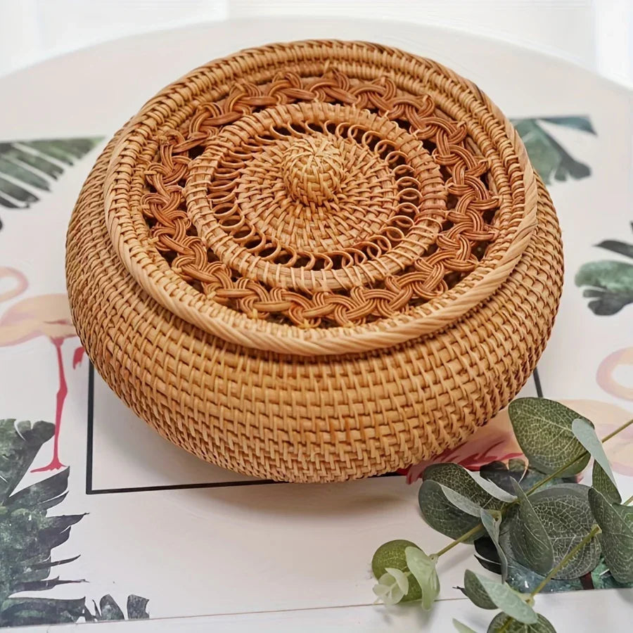 Handcrafted Rattan Storage Basket with Lid for Tea and Snacks