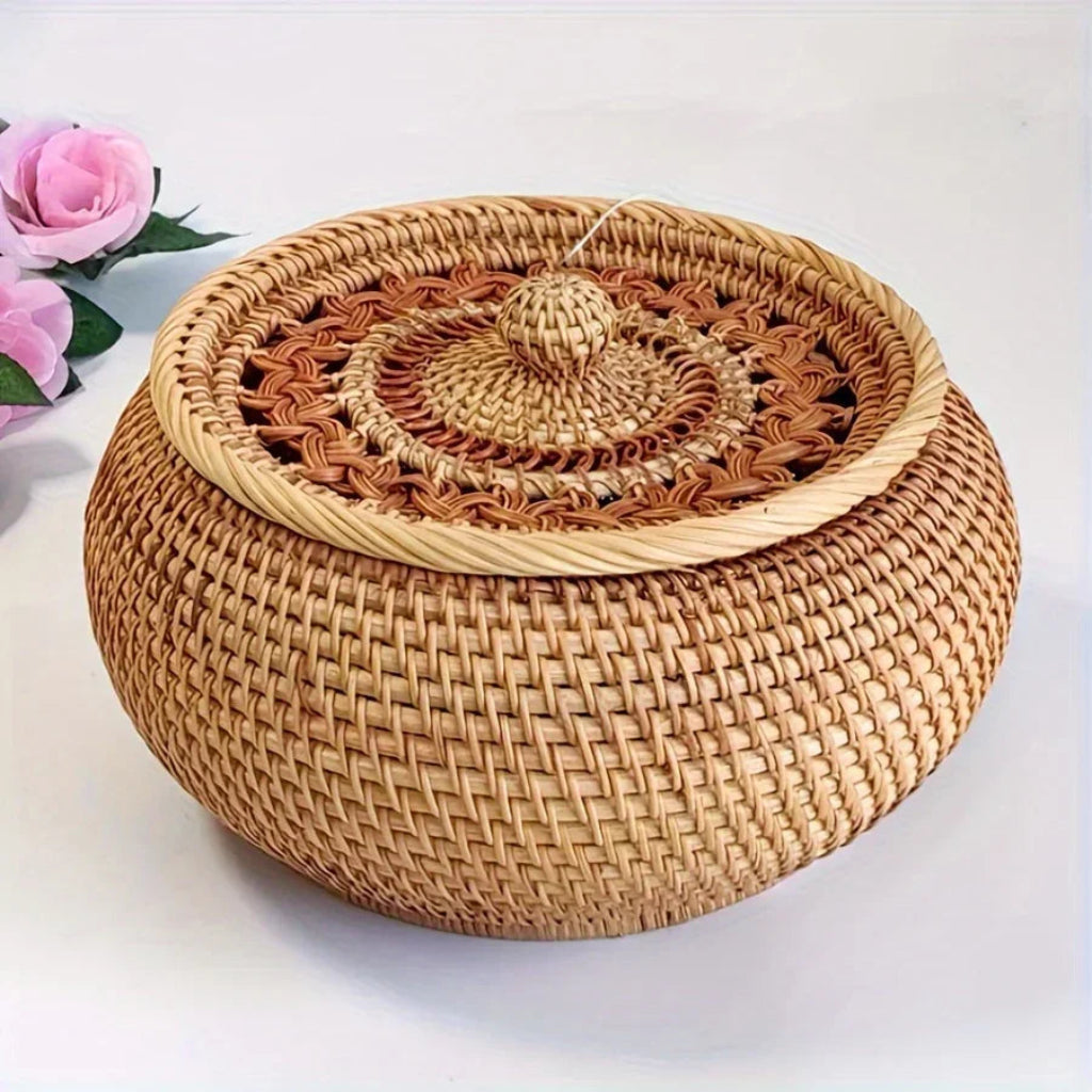 Handcrafted Rattan Storage Basket with Lid for Tea and Snacks
