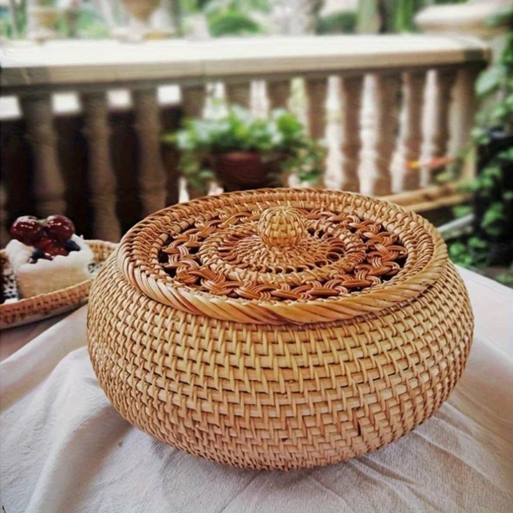 Handcrafted Rattan Storage Basket with Lid for Tea and Snacks