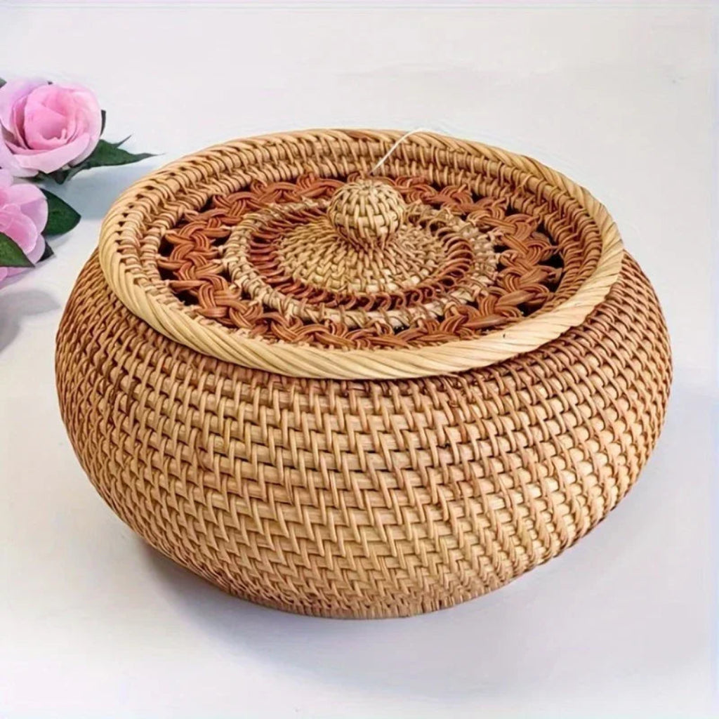 Handcrafted Rattan Storage Basket with Lid for Tea and Snacks