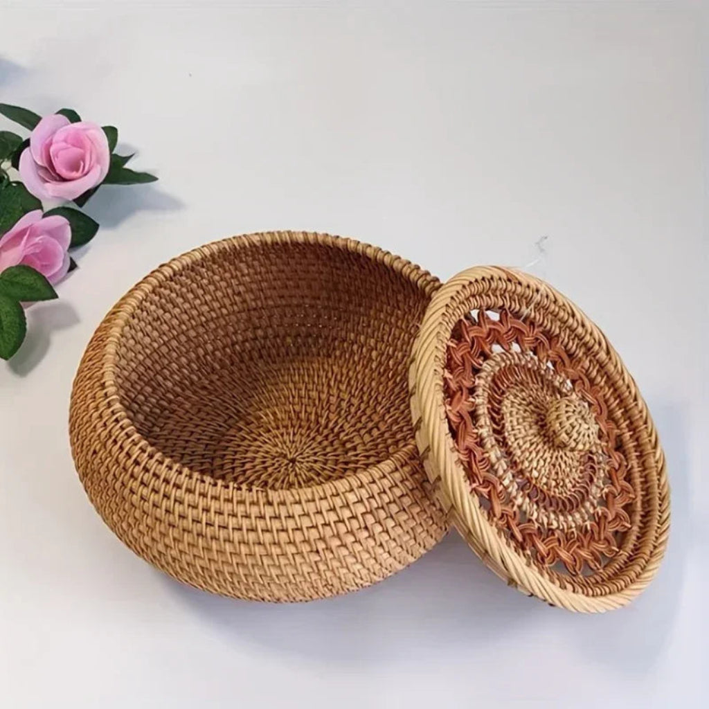 Handcrafted Rattan Storage Basket with Lid for Tea and Snacks