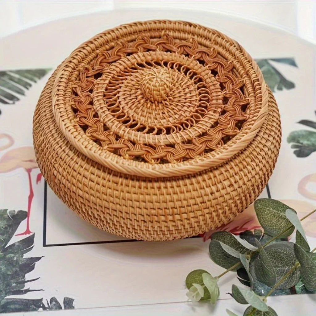 Handcrafted Rattan Storage Basket with Lid for Tea and Snacks