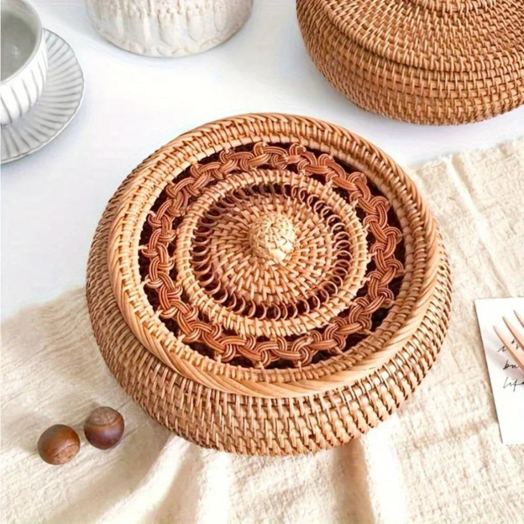 Handcrafted Rattan Storage Basket with Lid for Tea and Snacks