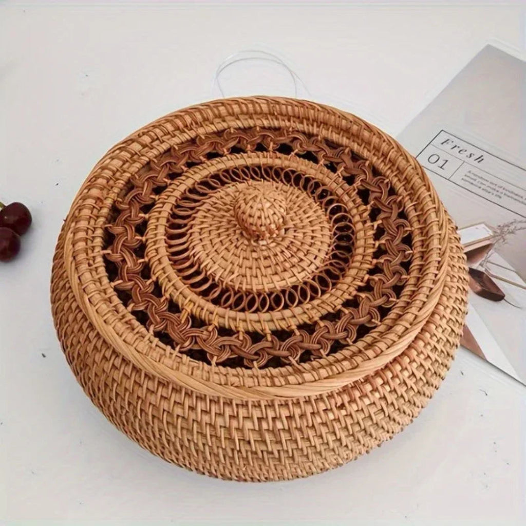 Handcrafted Rattan Storage Basket with Lid for Tea and Snacks