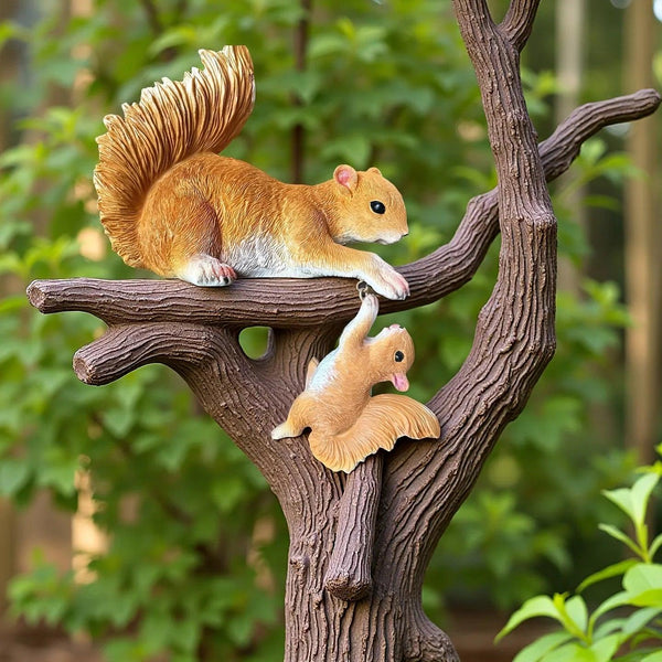 Handcrafted Realistic Mother and Baby Squirrel Climbing Garden Statue
