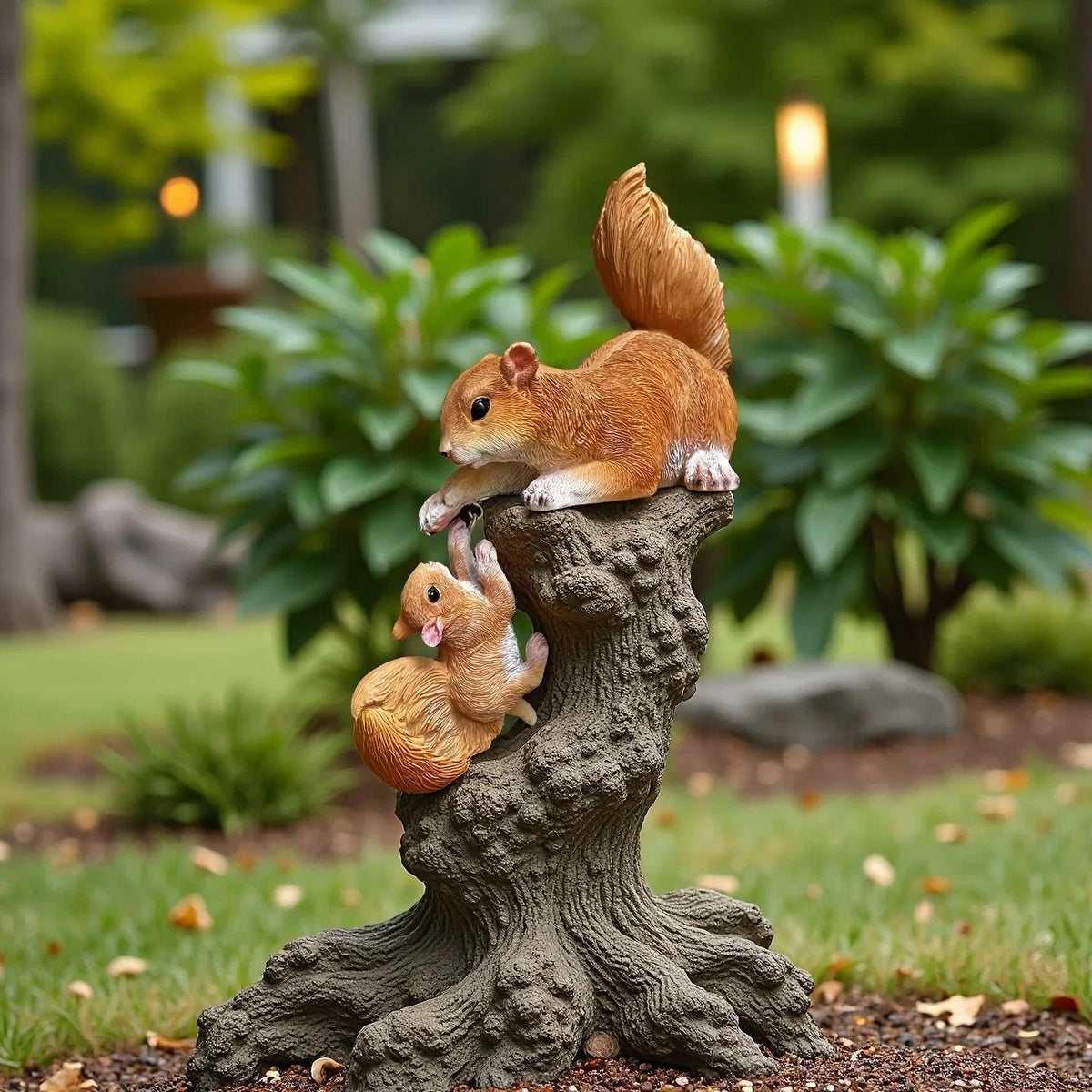 Handcrafted Realistic Mother and Baby Squirrel Climbing Garden Statue