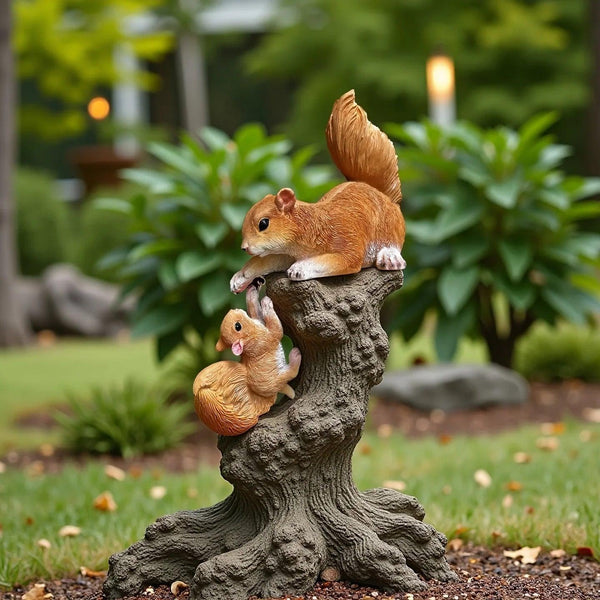 Handcrafted Realistic Mother and Baby Squirrel Climbing Garden Statue