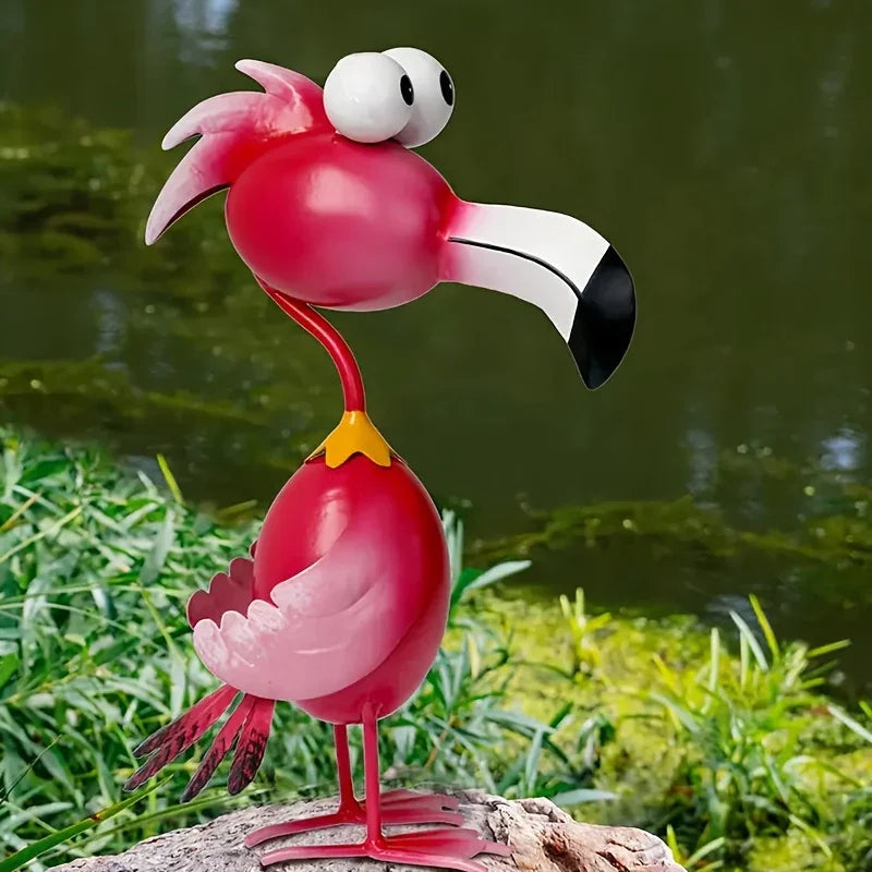 Handcrafted Red Metal Flamingo Garden Sculpture