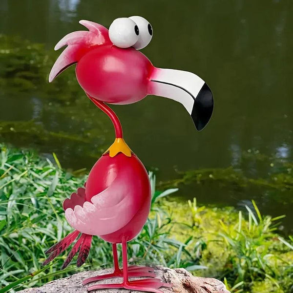 Handcrafted Red Metal Flamingo Garden Sculpture