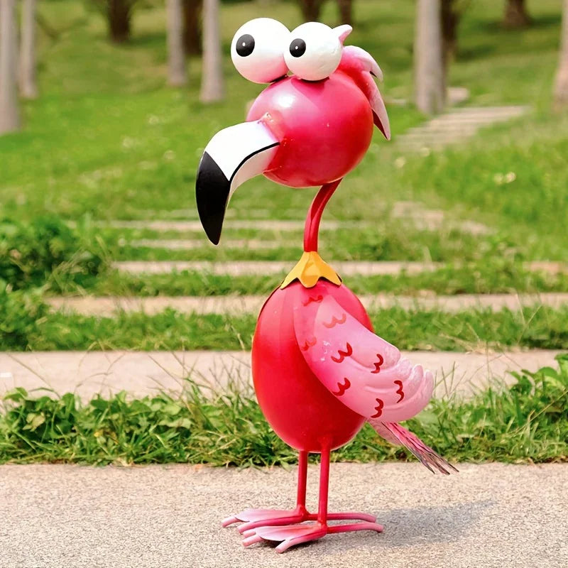 Handcrafted Red Metal Flamingo Garden Sculpture