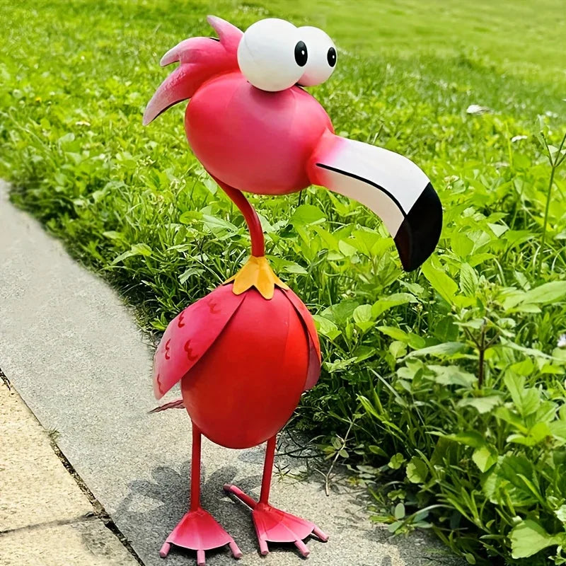 Handcrafted Red Metal Flamingo Garden Sculpture