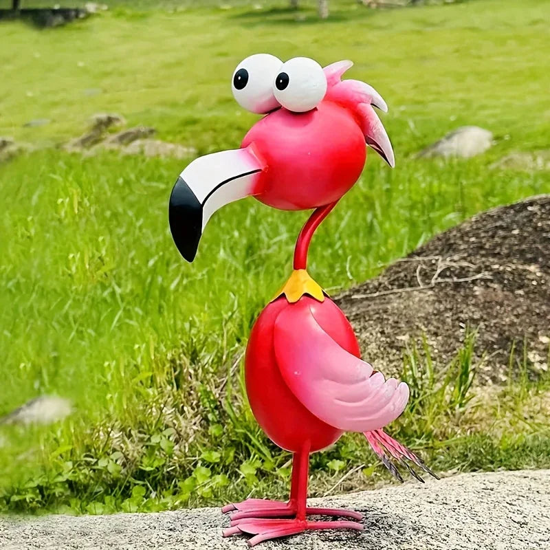 Handcrafted Red Metal Flamingo Garden Sculpture