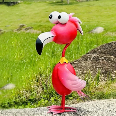 Handcrafted Red Metal Flamingo Garden Sculpture