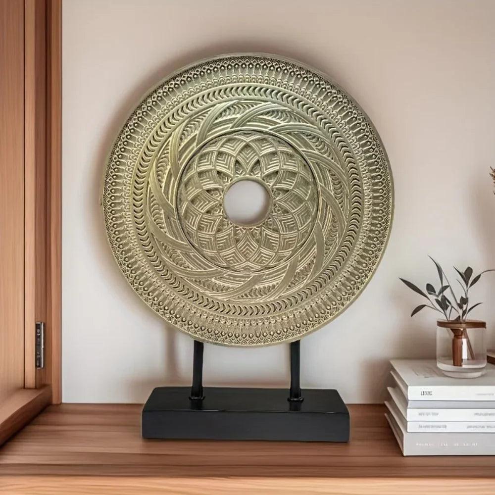 Handcrafted Round Wooden Decorative Disc Sculpture with Stand